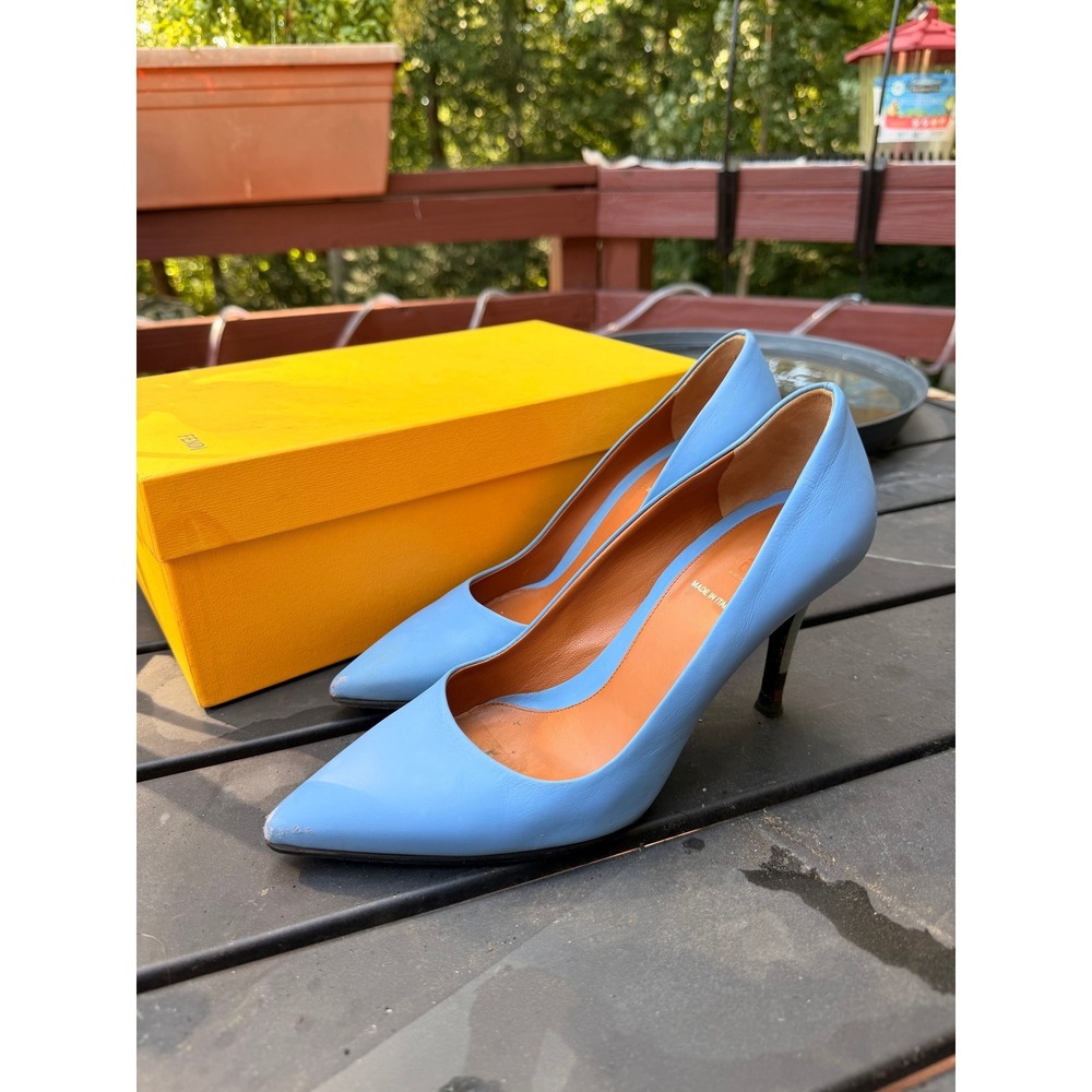 Fendi Sky Blue Leather Pointed Toe Stiletto Pumps Heels Size 37 Made in Italy